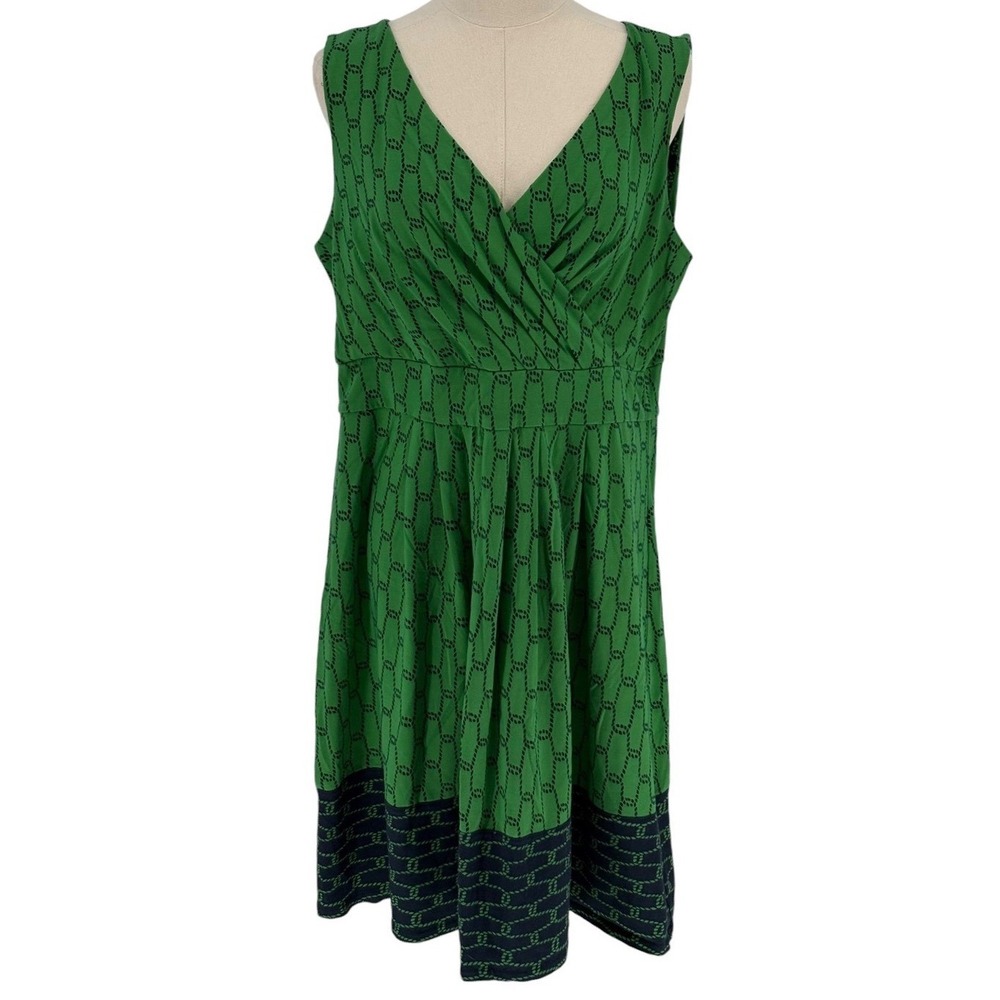 Lands End Surplice Fit and Flare Dress Green Navy Chain Link L‎ 14-16